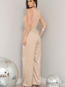 KALINA FASHION Women's Casual Wide Leg Loose Trousers With Rhinestone Embellishments - Khaki - View 2