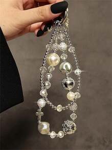 Luxury High-End Fashion Creative Double-Bead Rhinestone Bracelet Wrist Strap Short Lanyard Mobile Phone Case Decoration Mobile Phone Chain - màu trắng bạc - Xem 4