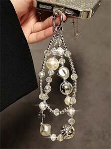 Luxury High-End Fashion Creative Double-Bead Rhinestone Bracelet Wrist Strap Short Lanyard Mobile Phone Case Decoration Mobile Phone Chain - màu trắng bạc - Xem 3