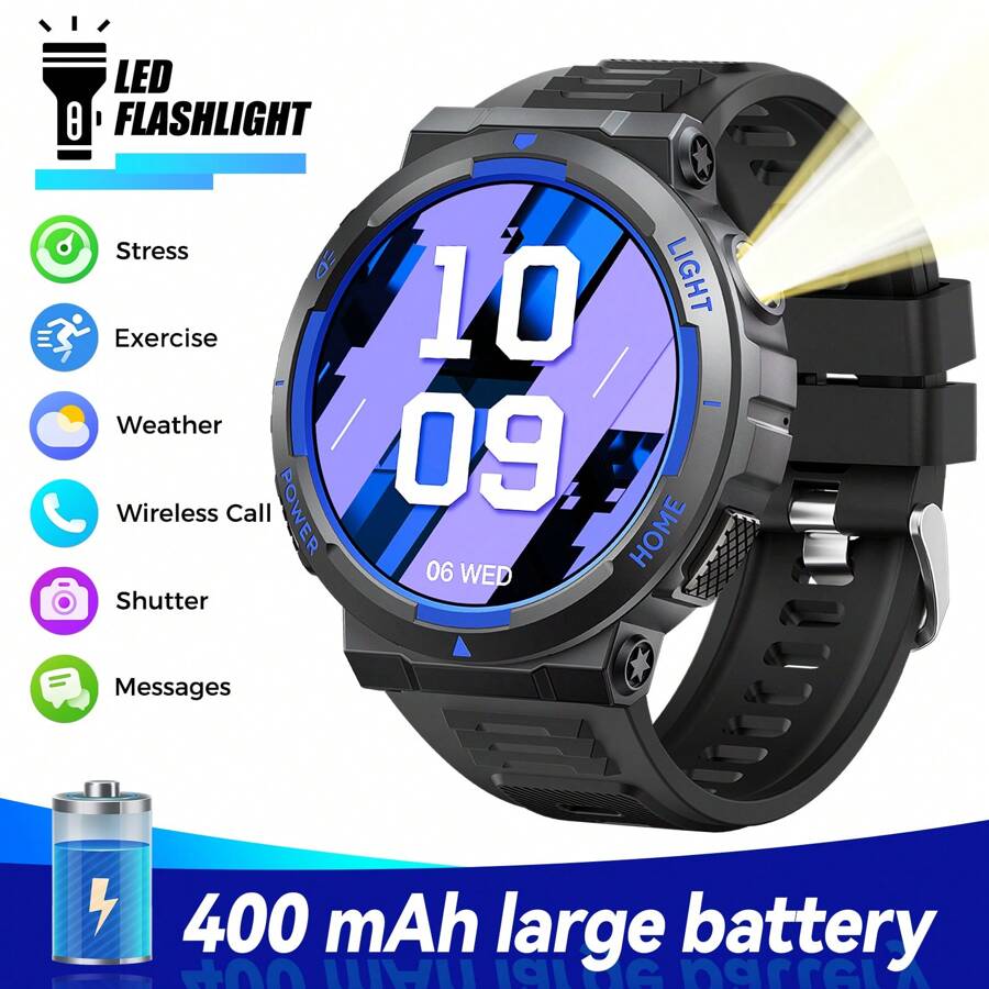 EIGIIS Men's Military Smartwatches (Answer/Make Calls) With LED Flashlight, 3 ATM Waterproof Smartwatch With Over 100 Sports Modes, 1.53 Inch Tactical Fitness Tracker With Heart Rate Sleep Monitor For IOS And Android - Màu xanh lam - Xem 1