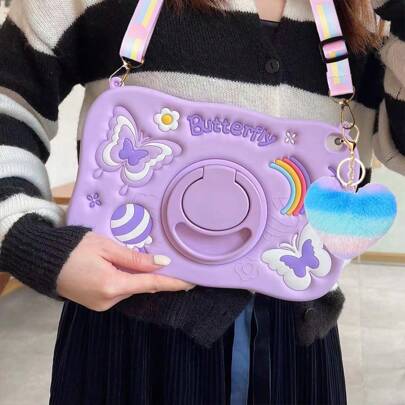 Apple Cute Phone Case 1pc Cartoon Rainbow Heart Plush Ball, Butterfly Lollipop Flower Decor, 360 Degree Rotatable Adjustable Strap Phone/Tablet Stand Case Compatible With IPad Air2/IPad Mini/IPad56789/IPad Pro 11 10th Generation