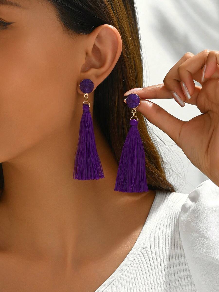 1pair Fashion Vintage Tassel Earrings For Women - Purple - View 1