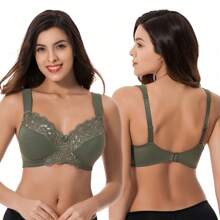 Plus Size Unlined Minimizer Wirefree Bras With Embroidery Lace - Hunter Green,Yellow,Light Blue(3 Pack) - View 4