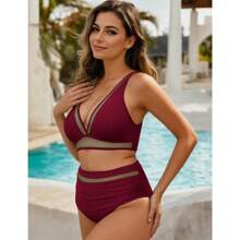 Local Delivery | Women's Bikini Sets Two Piece Swimsuit High-Waisted Ruched Bathing Suit With Tummy Control V Neck Mesh Swim Suits Swimwear - 紅色 - 查看 4