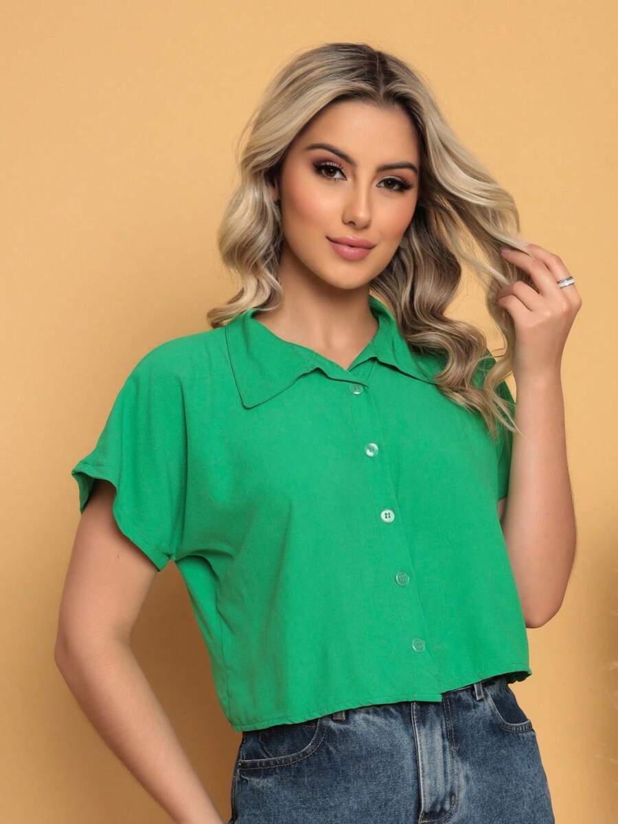 DUOUNO MODAS - SHORT SLEEVE CROPPED SHIRT IN VISCOSE FABRIC WITH DELICATE BUTTONS - WOMEN'S BLOUSES - 綠色 - 查看 1