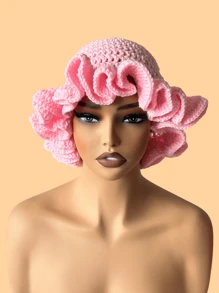 1 件女士手工钩编荷叶边针织贝雷帽，成人软边钟形帽，轻质镂空蕾丝无檐小便帽，有弹性，Y2K 风格，适合日常穿着、摄影、聚会、野餐、户外活动，保暖、防风、保暖耳朵、圣诞节