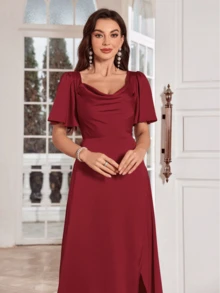 圣诞节纯色垂领裹身开叉鸡尾酒礼服