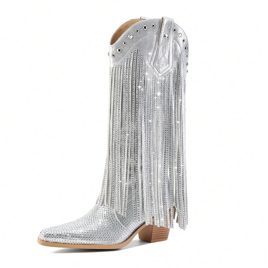 Women's Rhinestone Fringe Cowgirl Boots, Sparkly Western Cowboy Boots Pointed Toe Knee Block Chunky Middle Heel Pull On Mid Calf Knee High Boots For Women Girl Party - 銀色 - 查看 1