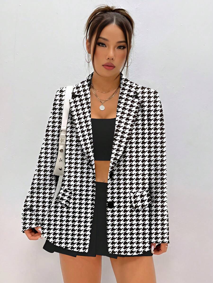 Women Casual Elegant Houndstooth Print Blazer