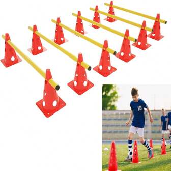 YUENFONG set di 6 ostacoli, allenamento per la coordinazione, ostacoli a cono, 12 coni rossi: 32 cm + 6 pali gialli: 1 m, altezza regolabile con fori, ostacoli di agilità, ostacoli a innesto per bambini