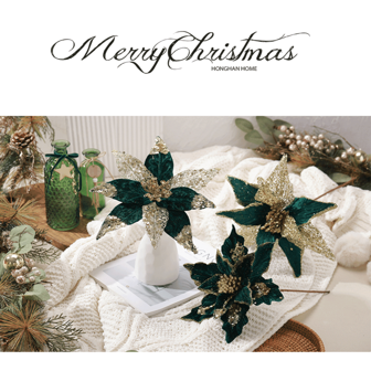 1pc Handmade Faux Glitter & Sequined 28/30cm Green Velvet Flower Home Decor, Suitable For Vase, Party And Everyday Decoration, Eye-Catching