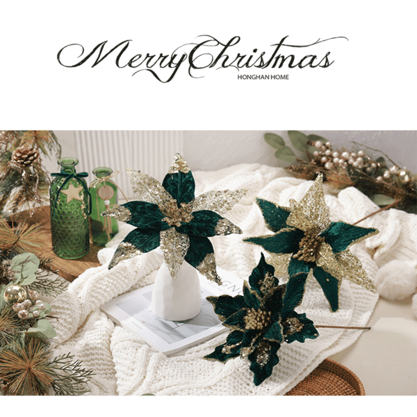 1pc Handmade Faux Glitter & Sequined 28/30cm Green Velvet Flower Home Decor, Suitable For Vase, Party And Everyday Decoration, Eye-Catching