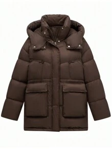 女士宽松羽绒服，保暖防风，腰部有抽绳，口袋较大，适合冬季穿着 - 咖啡棕 - 查看 1