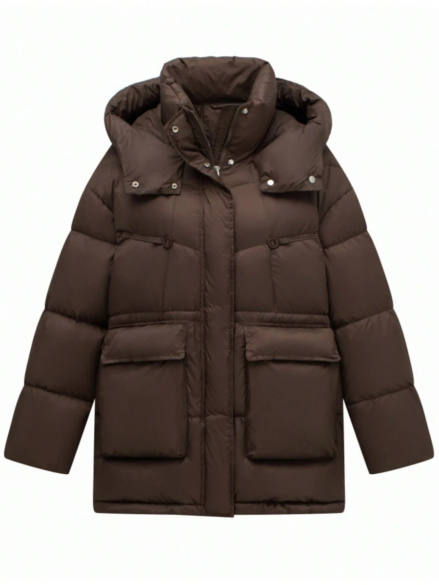 女士宽松羽绒服，保暖防风，腰部有抽绳，口袋较大，适合冬季穿着 - 咖啡棕 - 查看 1