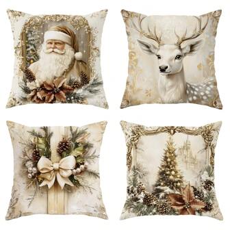 4 piezas Fundas de cojín decorativas con estampado de Papá Noel, renos, árboles y lazos de terciopelo en color vintage dorado y blanco, suaves y acogedoras, de impresión unilateral de 18 pulg.*18 pulg. para decoración de invierno y Navidad en sala de estar, dormitorio, sofá y cama, sin relleno de cojín