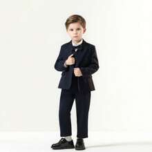 Boys Navy Striped 3pcs Suit Set Blazer + Pants + Bowtie Children Birthday Party Piano Performance Wedding School Catwalk Costume - Navy Blue - View 3