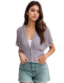 Women's Short Sleeve Crochet Cardigan Draped V Neck Cropped Top Shawl Sweater Hollow Beach Cover Up - 紫色 - 查看 3
