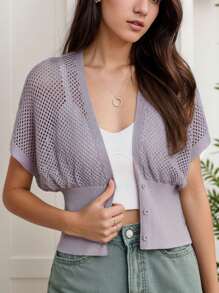 Women's Short Sleeve Crochet Cardigan Draped V Neck Cropped Top Shawl Sweater Hollow Beach Cover Up - 紫色 - 查看 1