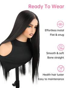 30 tums rak peruk, långa hår peruker svarta syntetiska peruker T del spets främre peruk Förplockade rakt hår peruker för kvinnor 30 tum limlösa peruker - Svart - Visa 3