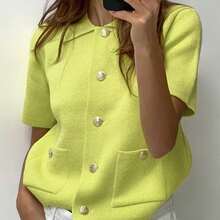 Women's Casual Neon Yellow Short Sleeve Cardigan - Spring/Autumn - Mustard Yellow - View 1