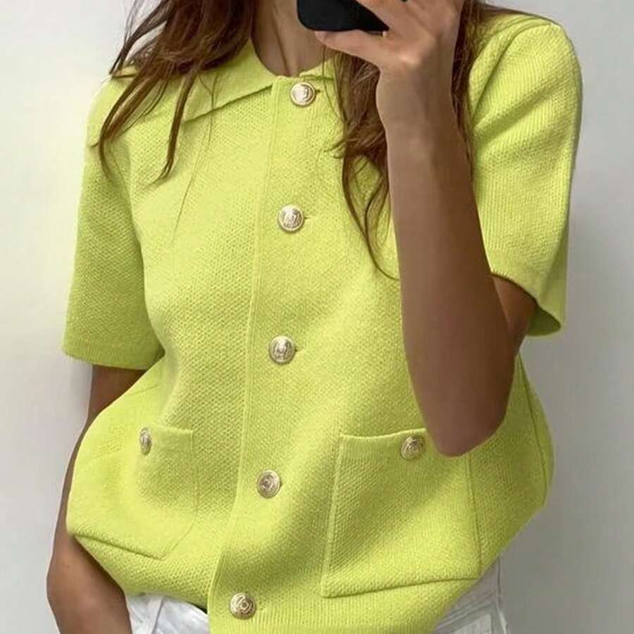 Women's Casual Neon Yellow Short Sleeve Cardigan - Spring/Autumn - Mustard Yellow - View 1