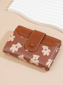 Baellerry 1pc Women's Bear Printed Zipper Coin Purse Snap Wallet Card Case Gifts For Women Purse Essentials Items - Brown - View 5