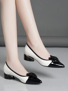 女士蝴蝶花朵尖头厚底高跟鞋，白色/黑色/银色时尚高跟鞋 - 黑與白 - 查看 4