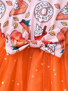 Young Girl Long Sleeve Halloween Pumpkin Printed Bowknot Mesh  & Cute Dress