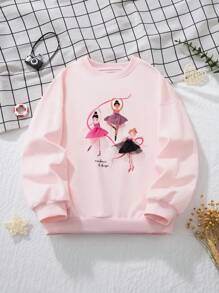 Young Girl  Long Sleeve Sweatshirt With Cute Ballet Girl Printed Design, Fashionable For Autumn And Winter - Pink - View 1