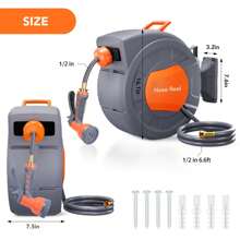 Retractable Garden Hose Reel - 1/2 In X 100 Ft, Wall Mounted, 9-Function Sprayer, Any Length Lock, 180° Swivel, Automatic Rewind & Slow Return System - Orange - View 3