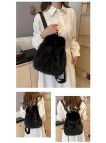 Chic Fluffy Backpack For Women, Spacious & Lightweight With Adjustable Straps, Drawstring Closure, And Polyester Lining, New Arrival Fur Purse, School Backpack - Black - View 8