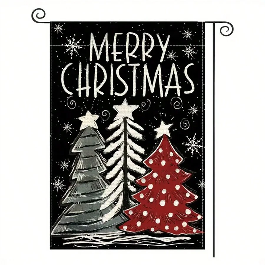 12x18 Inch Linen Holiday Garden Flag, Double-Sided Decorative Seasonal Banner, Suitable For Outdoor Use, No Electricity Needed, Black Background With Snowy Christmas Tree Design - 1pc - Multicolor - View 1