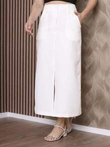 Chic Long Tailored Skirt With Front Slit, High Waist And Buttons - 白色 - 查看 3