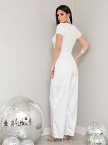 KALINA FASHION Women's Casual Wide Leg Loose Trousers With Rhinestone Embellishments - White - View 2