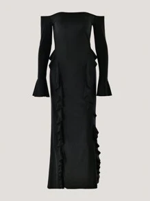 露肩露背紧身长款派对礼服，长袖鸡尾酒会半正式舞会礼服，适合生日、婚礼嘉宾、毕业典礼、晚宴、返校节