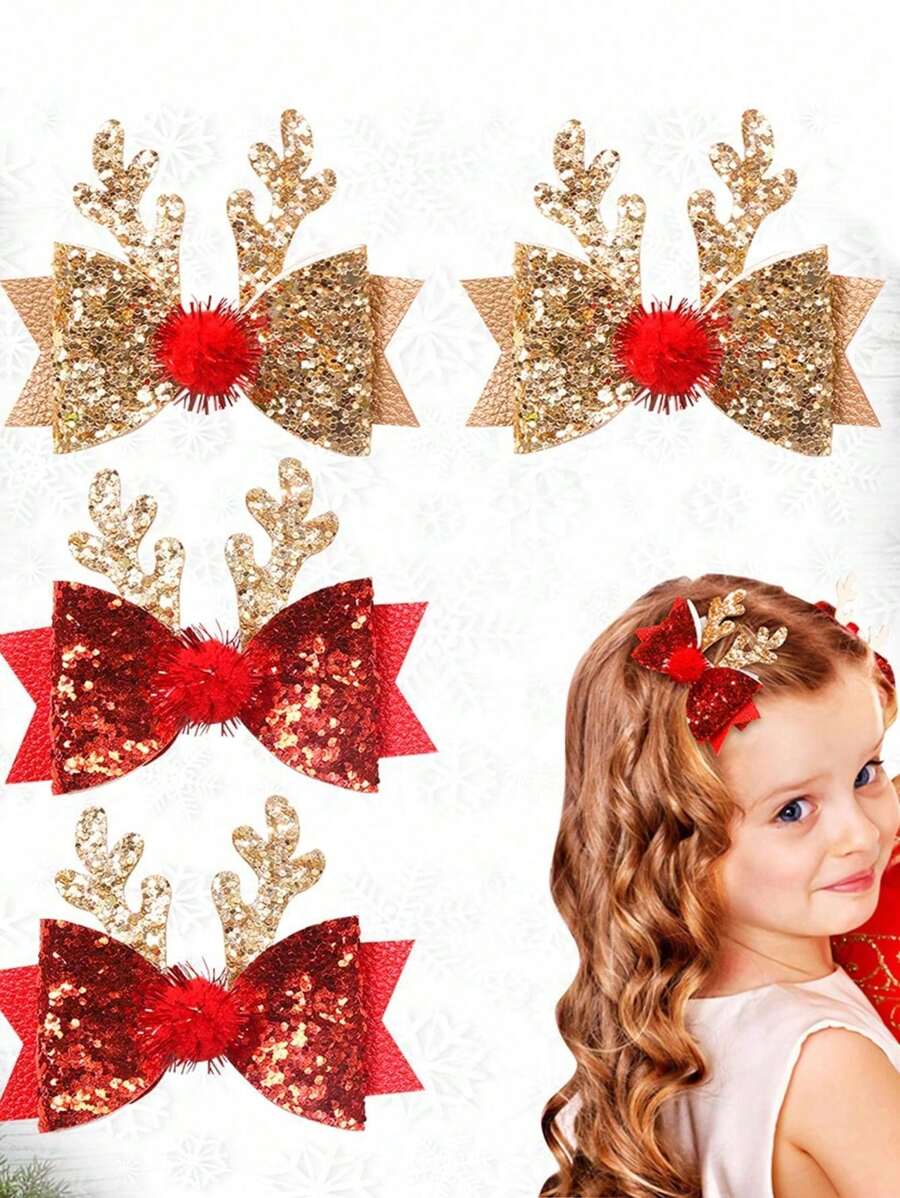 2pcs/Set Deer Design Hair Clips Suitable For Girls, Christmas - Multicolor - View 1