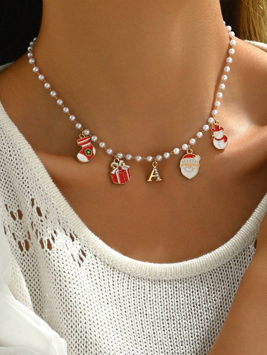 1 chiếc tất Giáng sinh thời trang & thanh lịch theo phong cách quý cô, Ông già Noel, Người tuyết, Mặt dây chuyền 26 chữ cái bằng nhựa đính đá, Dây chuyền ngọc trai giả, Dây chuyền chữ cái viết tắt, Quà tặng Giáng sinh, Thích hợp cho nhiều dịp khác nhau, Quà tặng cho bạn gái, Vợ, Mẹ, Gia đình, Bạn bè - Nhiều màu - Xem 1