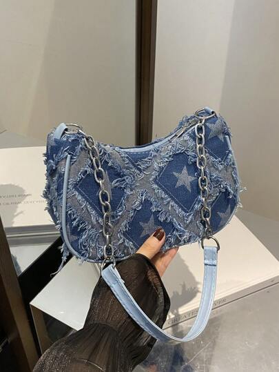 1pc Blue Denim Zip-Up Five-Pointed Star Print Patchwork Shoulder Strap Casual Shoulder Bag Suitable For Women Daily Use, Stars Hollow Women Bag