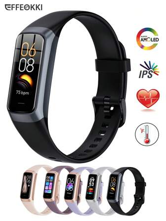 EFFEOKKI 1 件黑色硅胶表带健身追踪器活动，适合男女，1.1 英寸 AMOLED 彩色显示屏智能手表，防水运动手表， 心率监测器，室内室外追踪，睡眠监测智能手环兼容 iPhone Android 手机