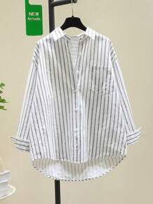 Blusa feminina listrada com bolsos e ombros caídos, casual, solta, outono, manga comprida