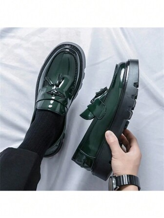 Men's Thick-Sole Platform Shoes, Fringed Glossy Leather Loafers