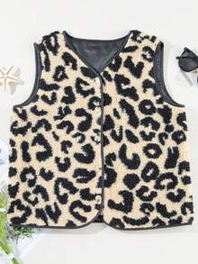 Acelitt 豹纹撞色羊羔绒单排扣麂皮背心外套