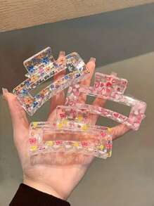 1 件装可爱花朵蝴蝶心形印花矩形发夹，彩色防滑强力抓握发饰，适合细密头发的女性 - 彩色 - 查看 1