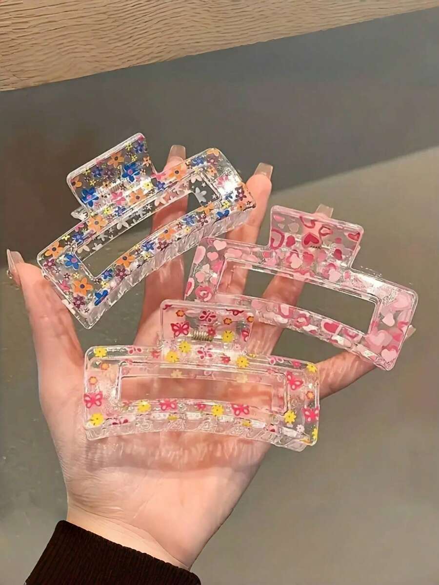 1 件装可爱花朵蝴蝶心形印花矩形发夹,彩色防滑强力抓握发饰,适合细密头发的女性 - 彩色 - 查看 1