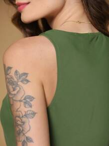 LXC Slim Fit Top, Solid Color Asymmetrical Pleated Collar Slim Fit Short Sleeve T-Shirt - màu xanh lá - Xem 4