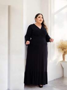 Plus Size Long Sleeve Long Dress With Elastic Waistband - 黑色 - 查看 4