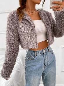 Women's Solid Color Long Sleeve Open Front Fleece Short Casual Jacket, Winter - Grey - View 2