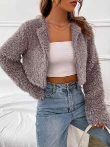 Women's Solid Color Long Sleeve Open Front Fleece Short Casual Jacket, Winter - Grey - View 3