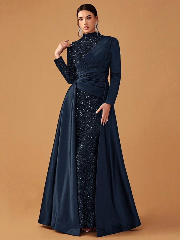 YISIKADO Women's Formal Party Dress, Elegant Sequin & Satin High Neck Long Sleeve Dress, Prom Evening Gown, For Wedding Guest, Graduation, Dinner