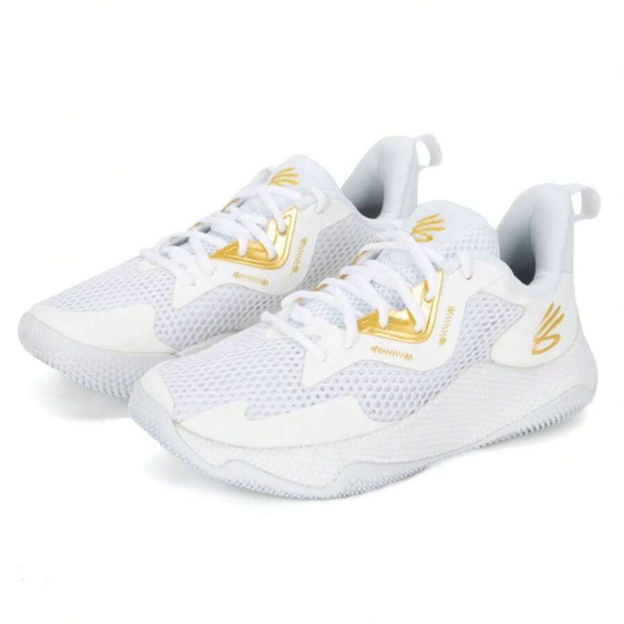 Under Armour Unisex Basketball Shoes - Curry HOVR Splash 3 Low-Top Basketball Sneakers/Recommend Ordering 0.5 Or 1 Size Up - White/Gold - View 1